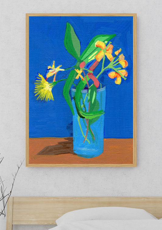 wallflower, bush honeysuckle, red maple seed and dandelion Print