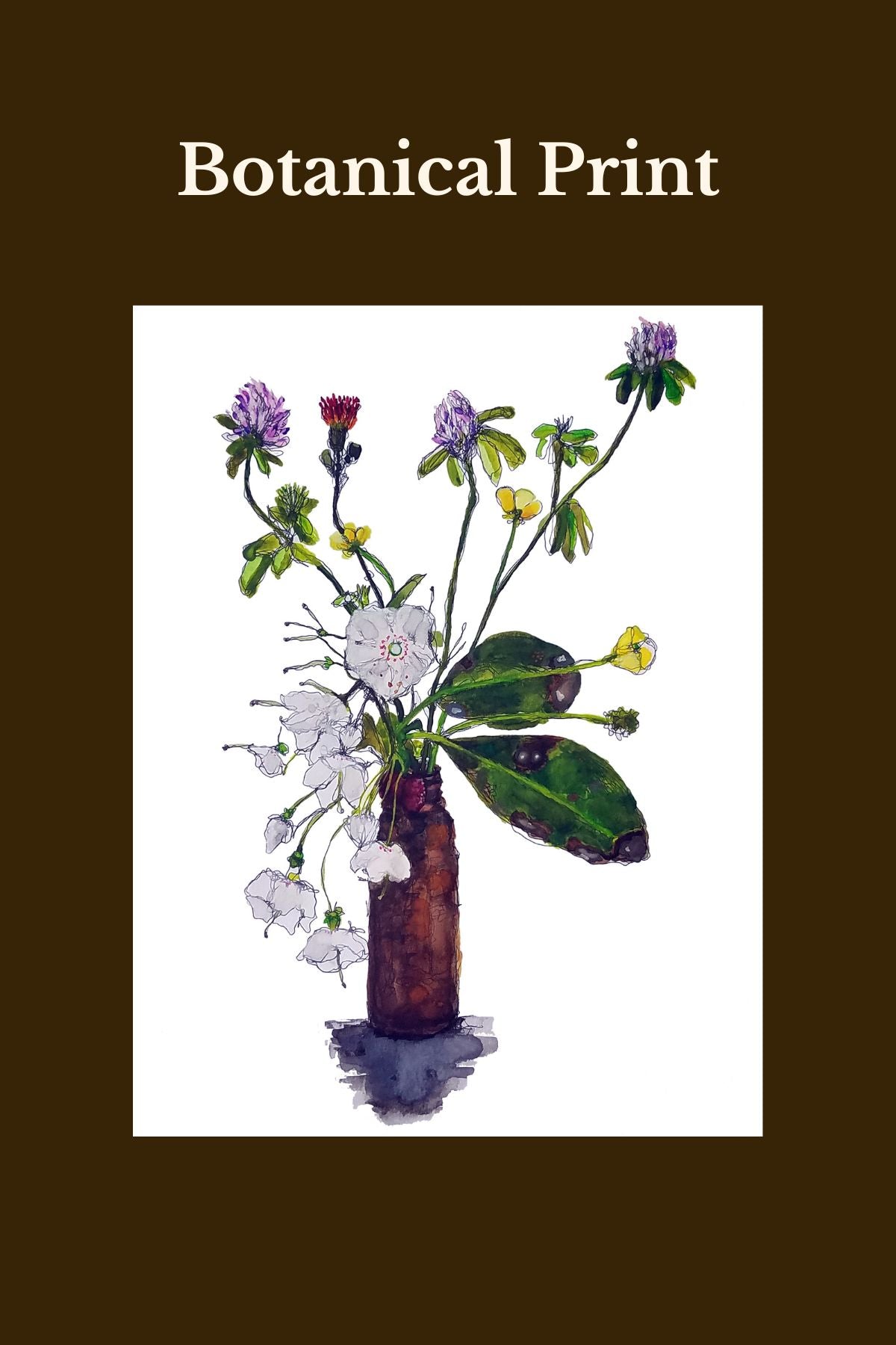 A botanical art print featuring a watercolor illustration of wildflowers in a brown vase, centered on a white background with a dark brown border. The words 'Botanical Print' appear at the top.