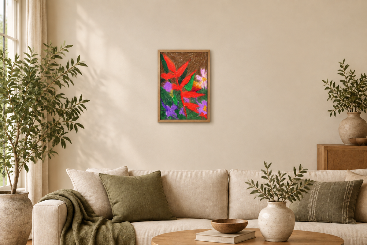Autumn Sketchbook Study No. 2 displayed in a wooden frame above a linen sofa in a nature-inspired living room.