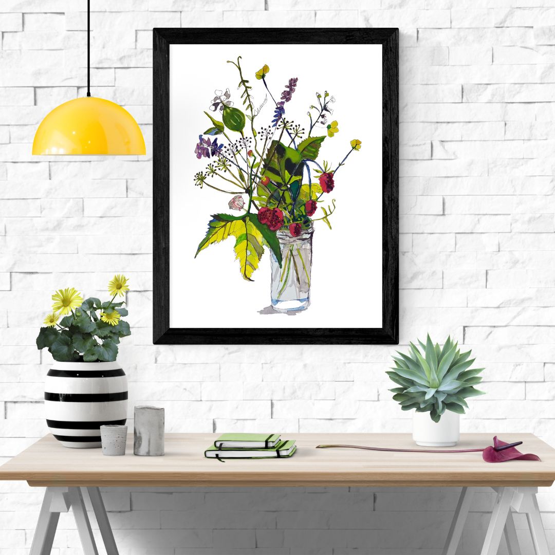 Summer flower & fruit bouquet with raspberries, vetch and white campion Print