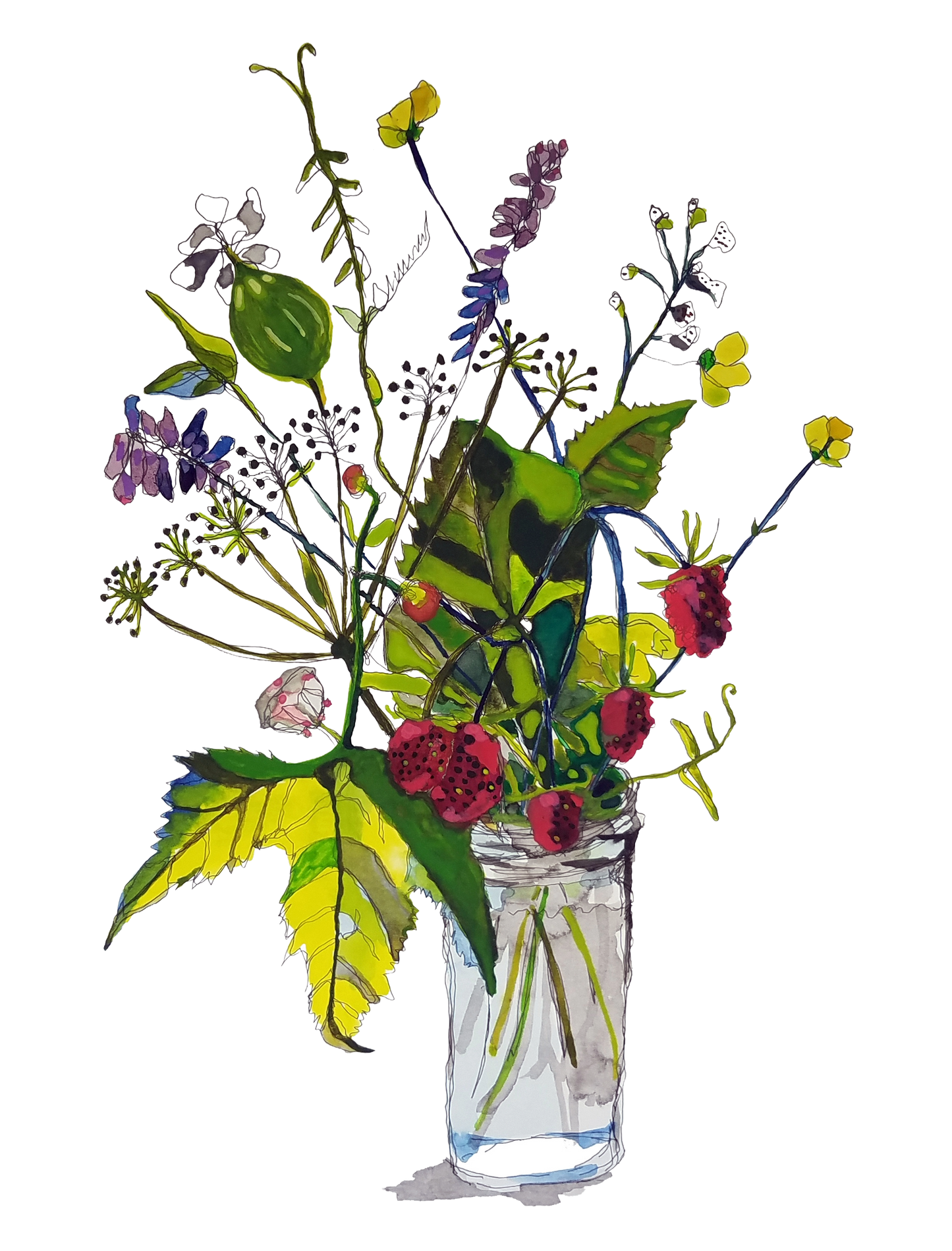 Summer flower & fruit bouquet with raspberries, vetch and white campion Print
