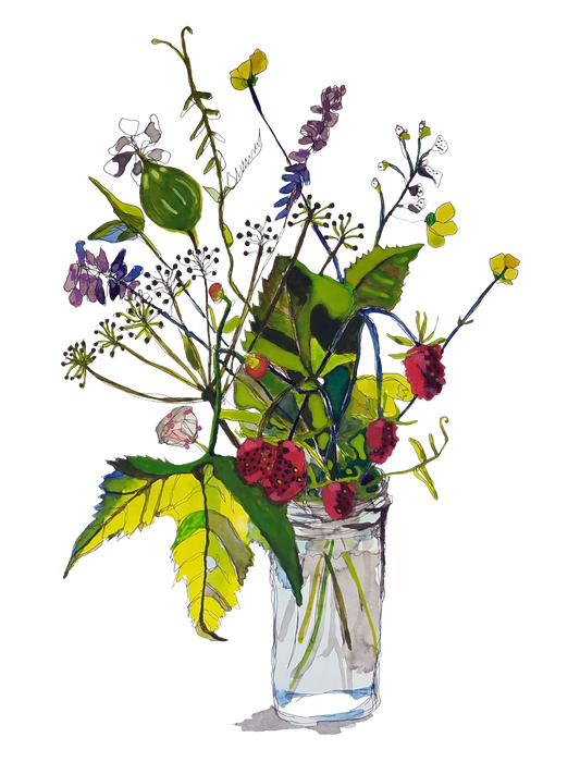 Summer flower & fruit bouquet with raspberries, vetch and white campion Print