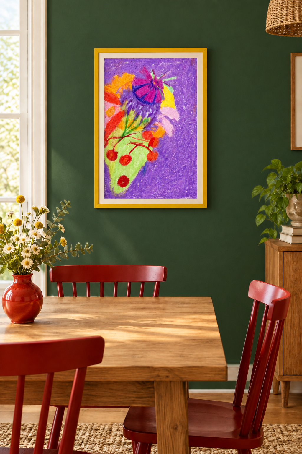 Autumn Sketchbook Study No. 4 print displayed in a yellow frame on a dark green dining room wall with red accents.