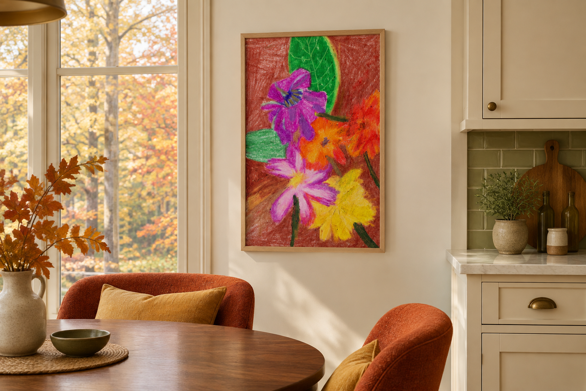 Autumn Sketchbook Study No. 3 print styled in a natural wood frame in an autumn-inspired kitchen overlooking a deciduous forest.